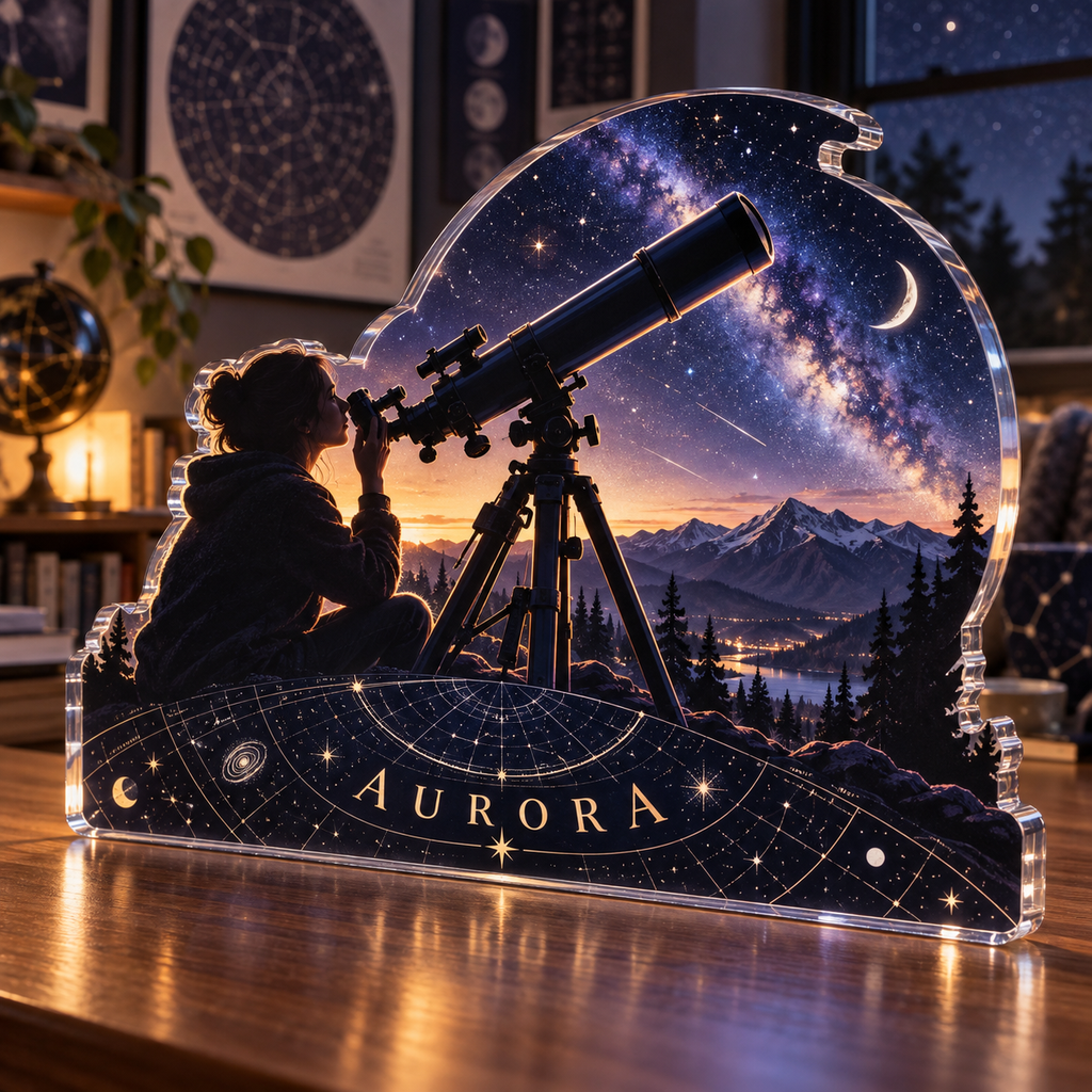 Artwork visualization: Stargazing — everyday hobby identity, personalized AURORA, subject-shaped acrylic with printed optical 3D depth; not carved relief.