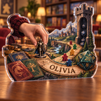 Artwork visualization: Board gaming — everyday hobby identity, personalized OLIVIA, subject-shaped acrylic with printed optical 3D depth; not carved relief.