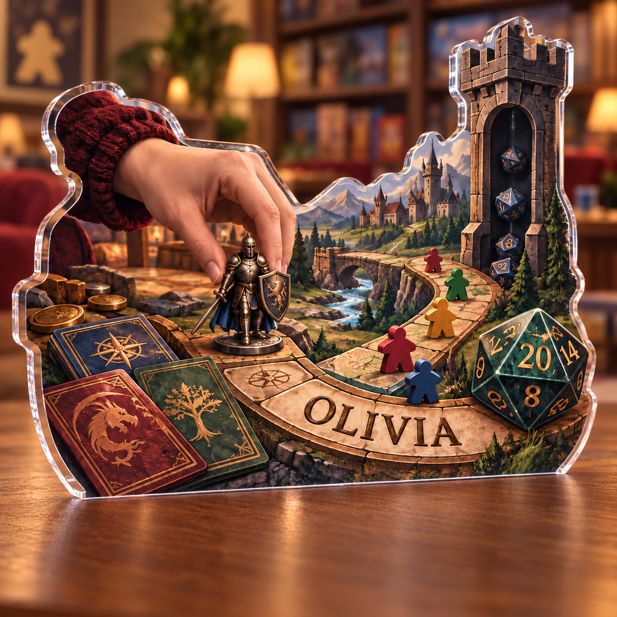 Artwork visualization: Board gaming — everyday hobby identity, personalized OLIVIA, subject-shaped acrylic with printed optical 3D depth; not carved relief.