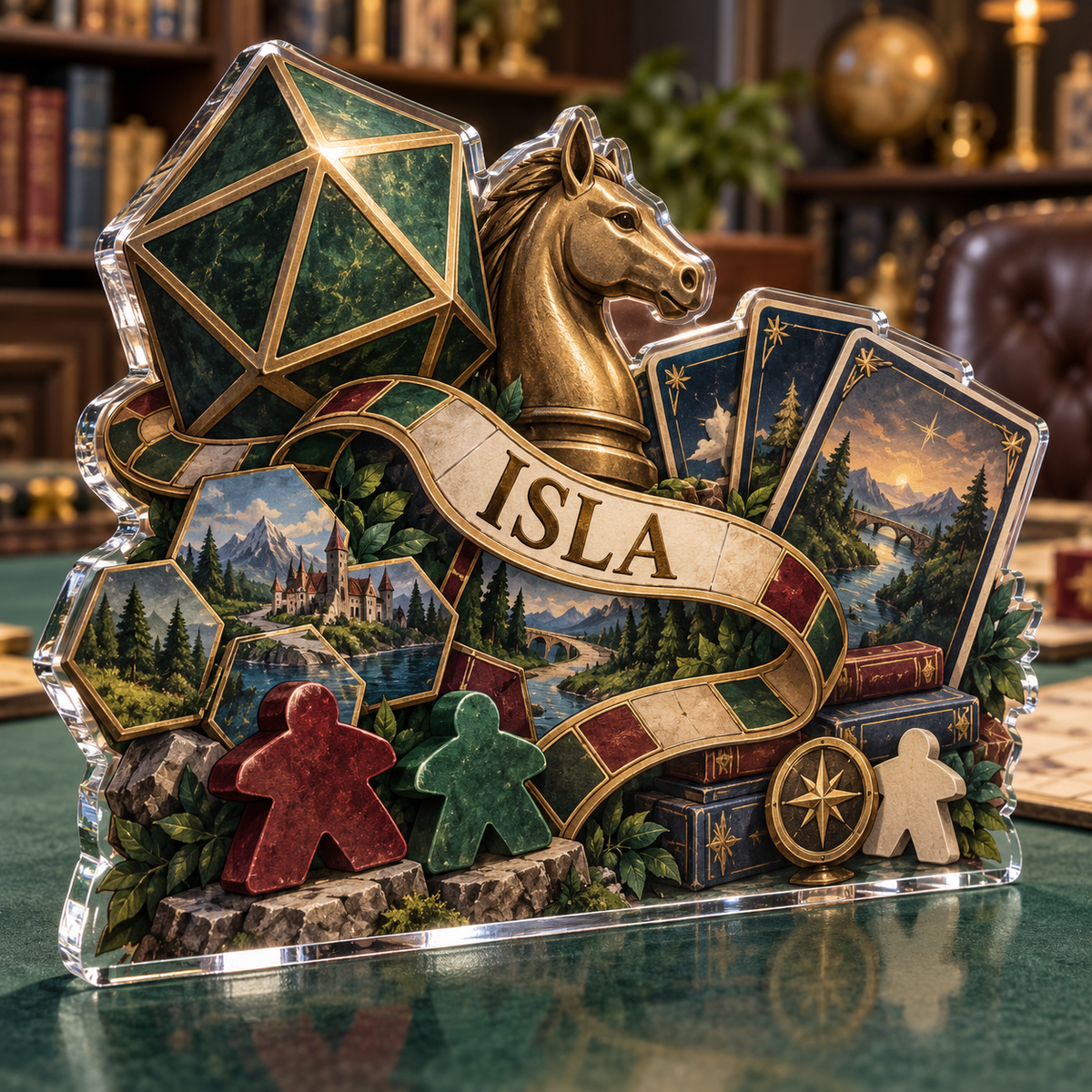Artwork visualization: Board gaming — mentor appreciation, personalized ISLA, subject-shaped acrylic with printed optical 3D depth; not carved relief.
