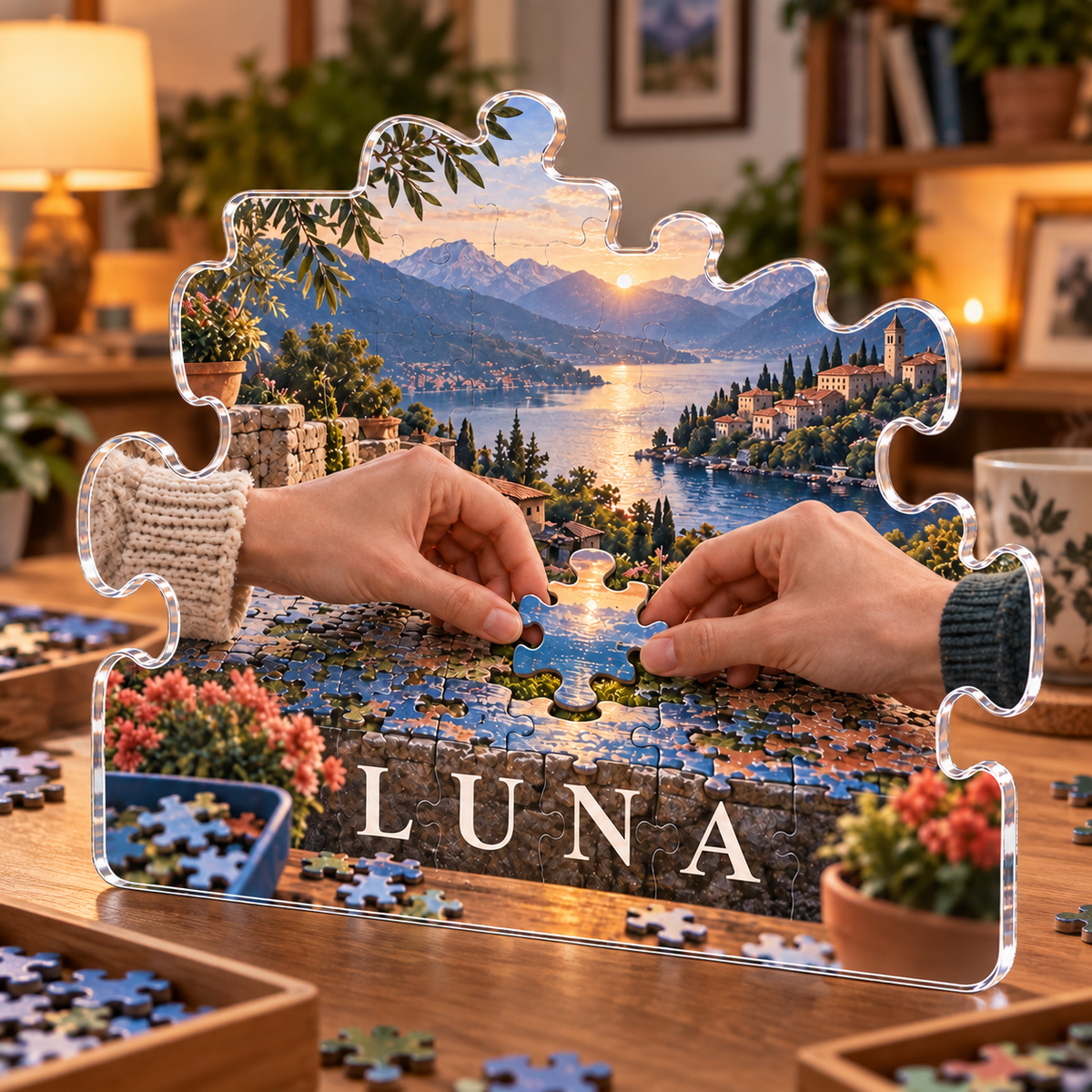 Artwork visualization: Jigsaw puzzling — everyday hobby identity, personalized LUNA, subject-shaped acrylic with printed optical 3D depth; not carved relief.