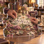 Artwork visualization: Jigsaw puzzling — mentor appreciation, personalized AVA, subject-shaped acrylic with printed optical 3D depth; not carved relief.