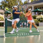 Artwork visualization: Tennis doubles — coach appreciation, personalized AURORA, subject-shaped acrylic with printed optical 3D depth; not carved relief.