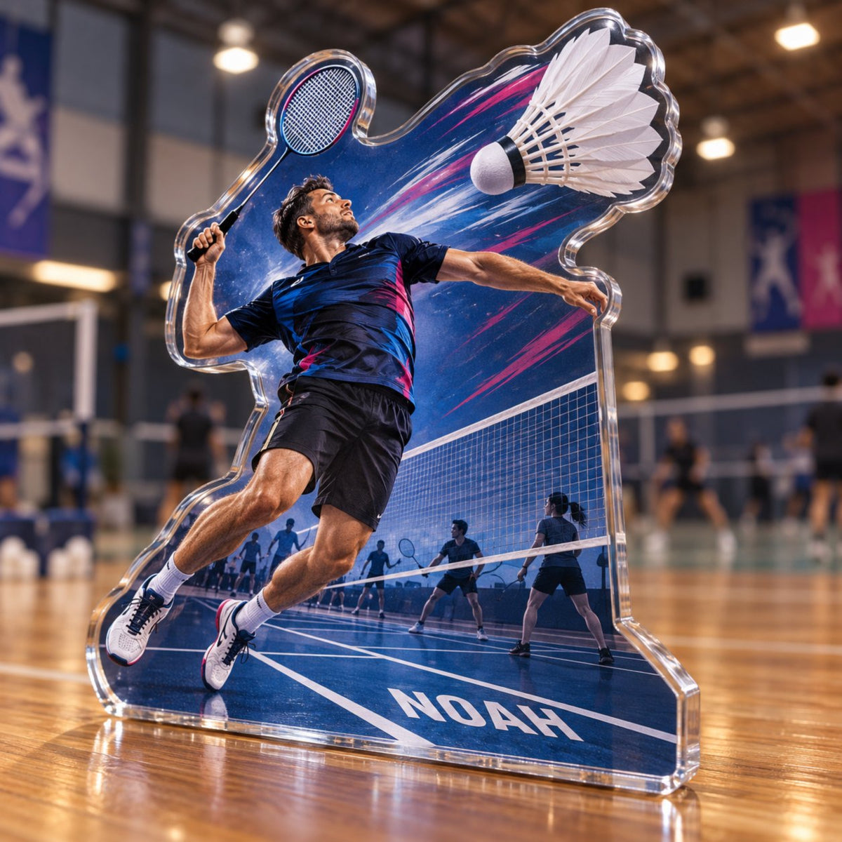 Personalized Badminton Club Coach Appreciation custom shape acrylic plaque with an example name set into the artwork, digital preview
