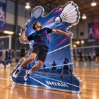 Artwork visualization: Badminton club — coach appreciation, personalized NOAH, subject-shaped acrylic with printed optical 3D depth; not carved relief.