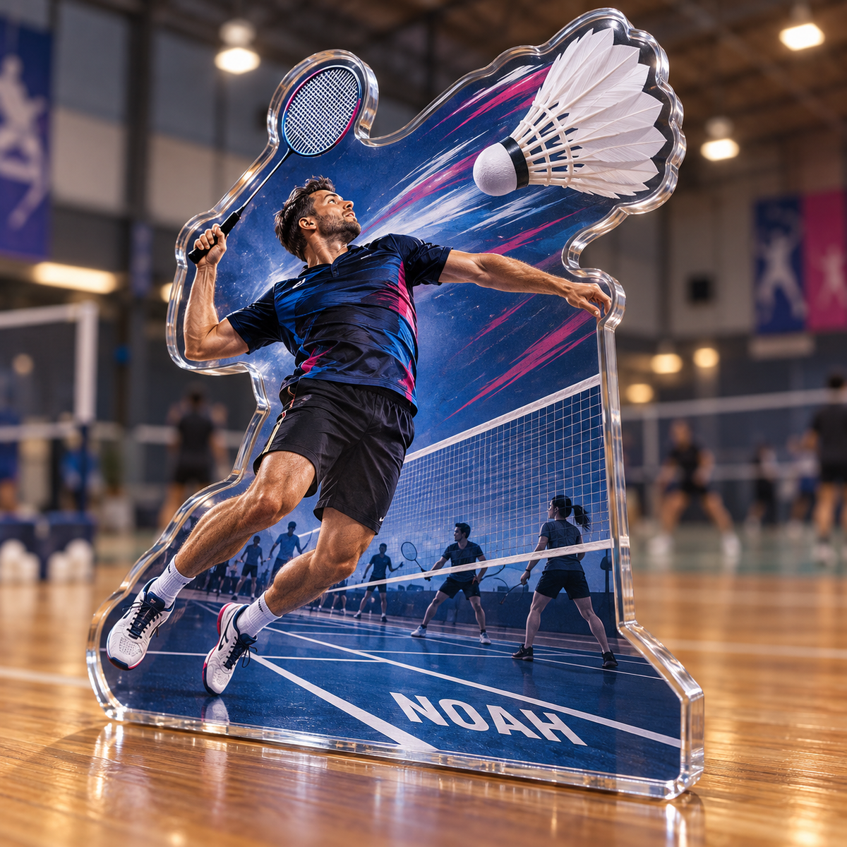 Artwork visualization: Badminton club — coach appreciation, personalized NOAH, subject-shaped acrylic with printed optical 3D depth; not carved relief.