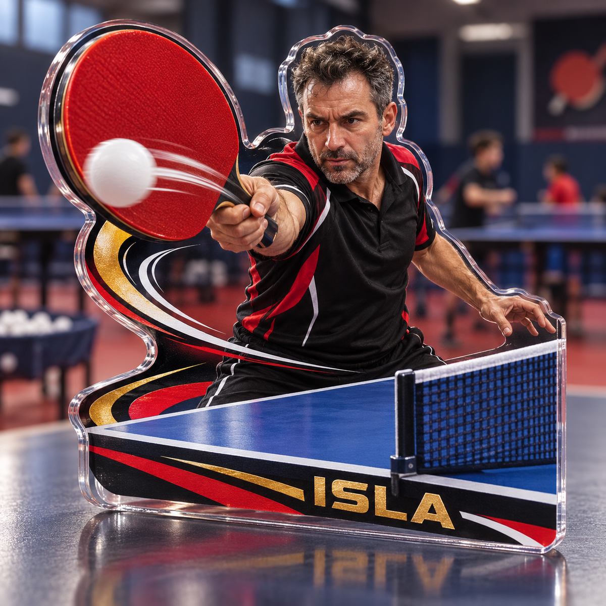 Artwork visualization: Table tennis — coach appreciation, personalized ISLA, subject-shaped acrylic with printed optical 3D depth; not carved relief.