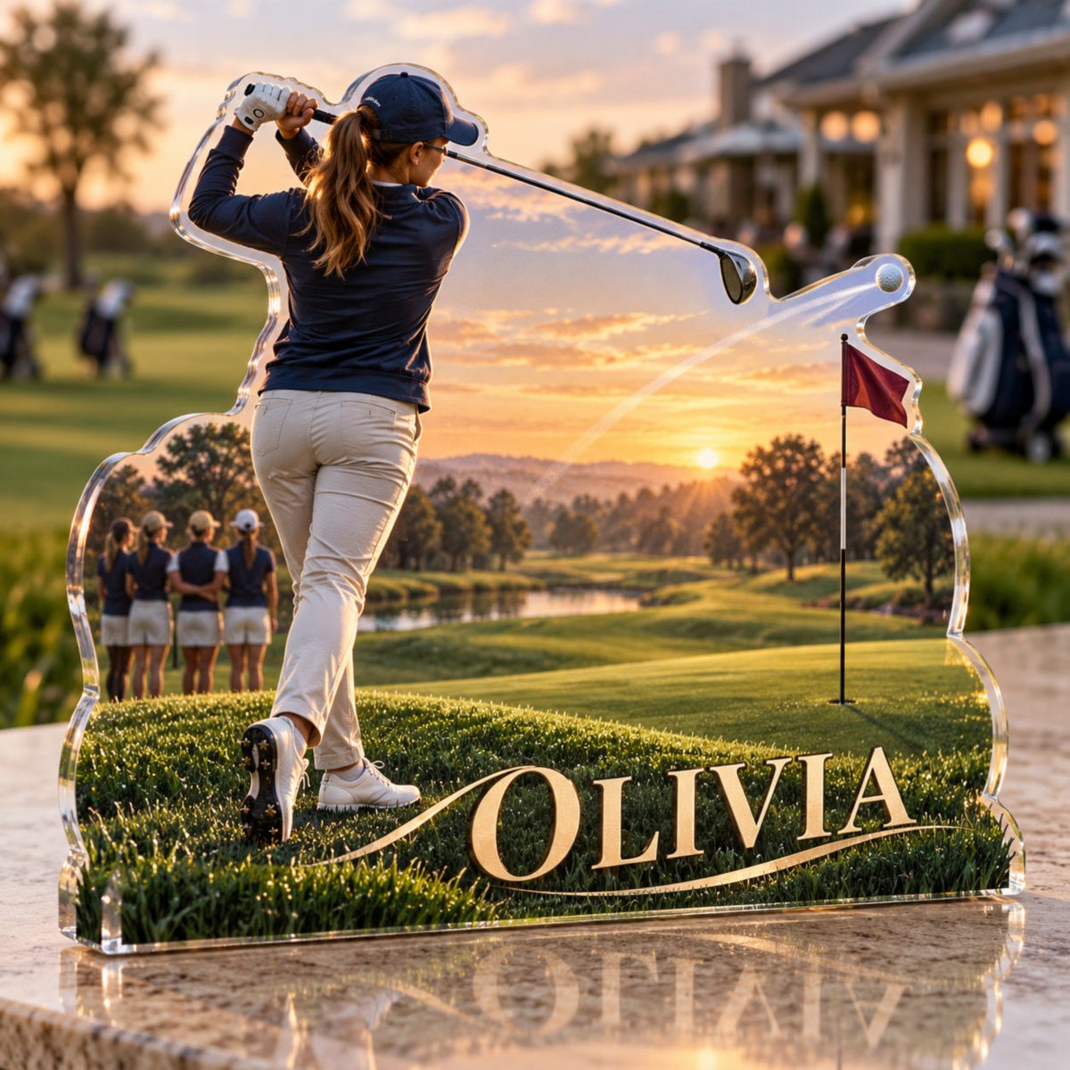 Personalized Golf Weekend Coach Appreciation custom shape acrylic plaque with an example name set into the artwork, digital preview