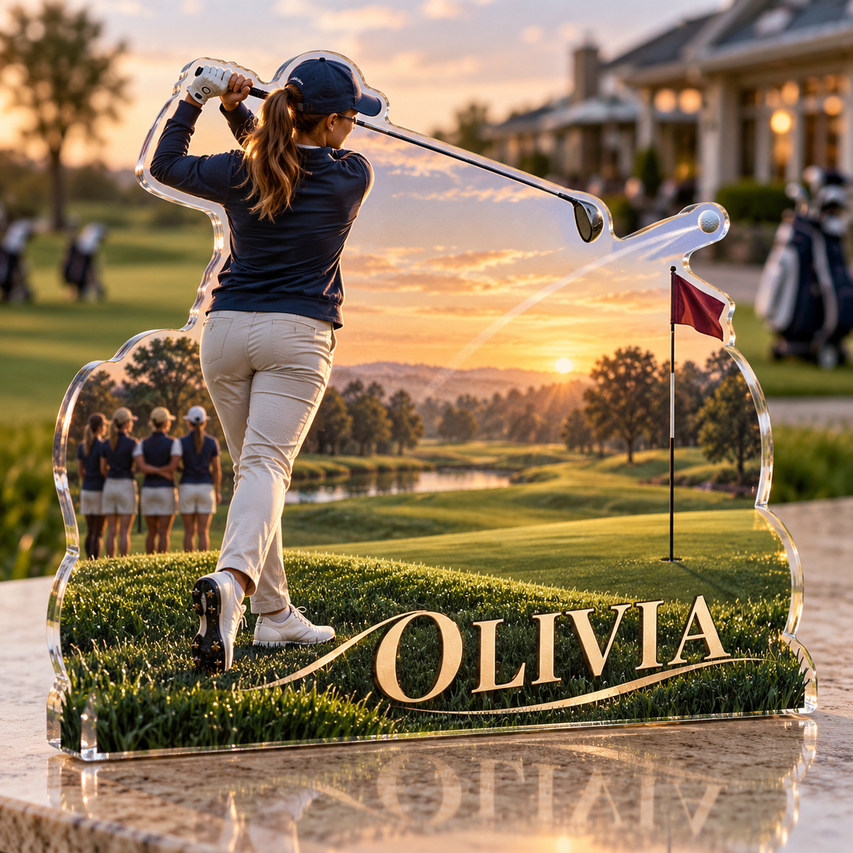Artwork visualization: Golf weekend — coach appreciation, personalized OLIVIA, subject-shaped acrylic with printed optical 3D depth; not carved relief.