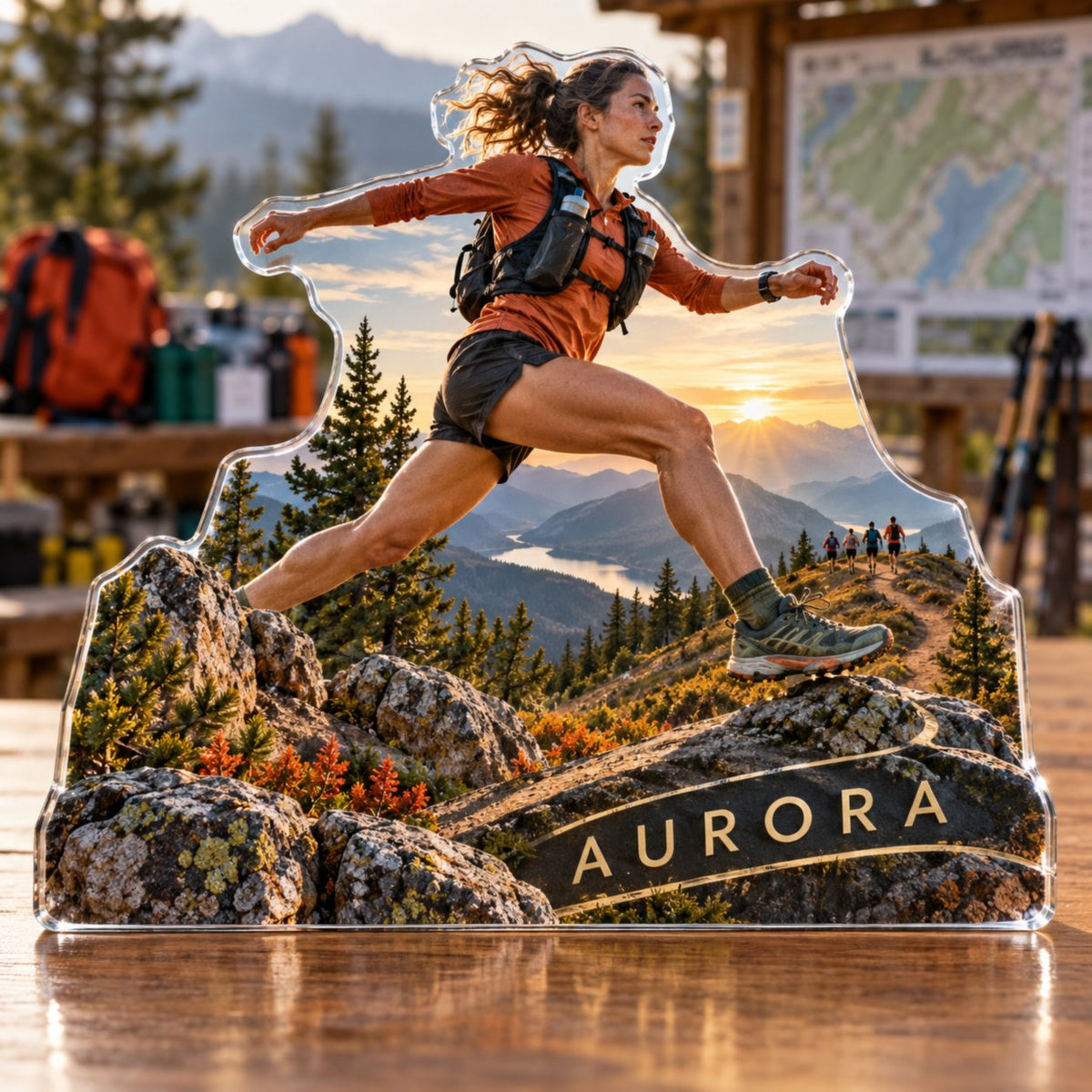Personalized Trail Running Coach Appreciation custom shape acrylic plaque with an example name set into the artwork, digital preview