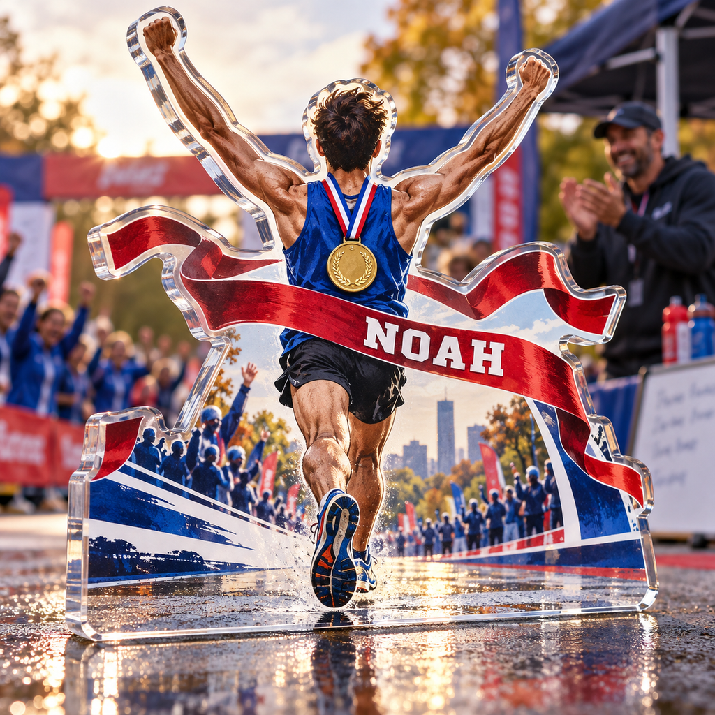 Artwork visualization: Marathon finisher — coach appreciation, personalized NOAH, subject-shaped acrylic with printed optical 3D depth; not carved relief.