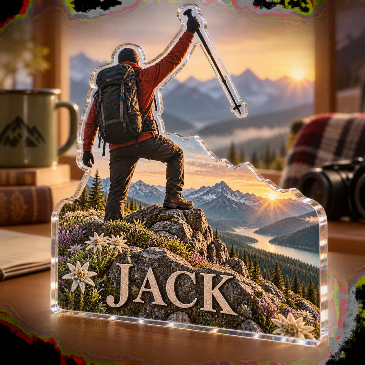 Personalized Hiking Summit Coach Appreciation custom shape acrylic plaque with an example name set into the artwork, digital preview
