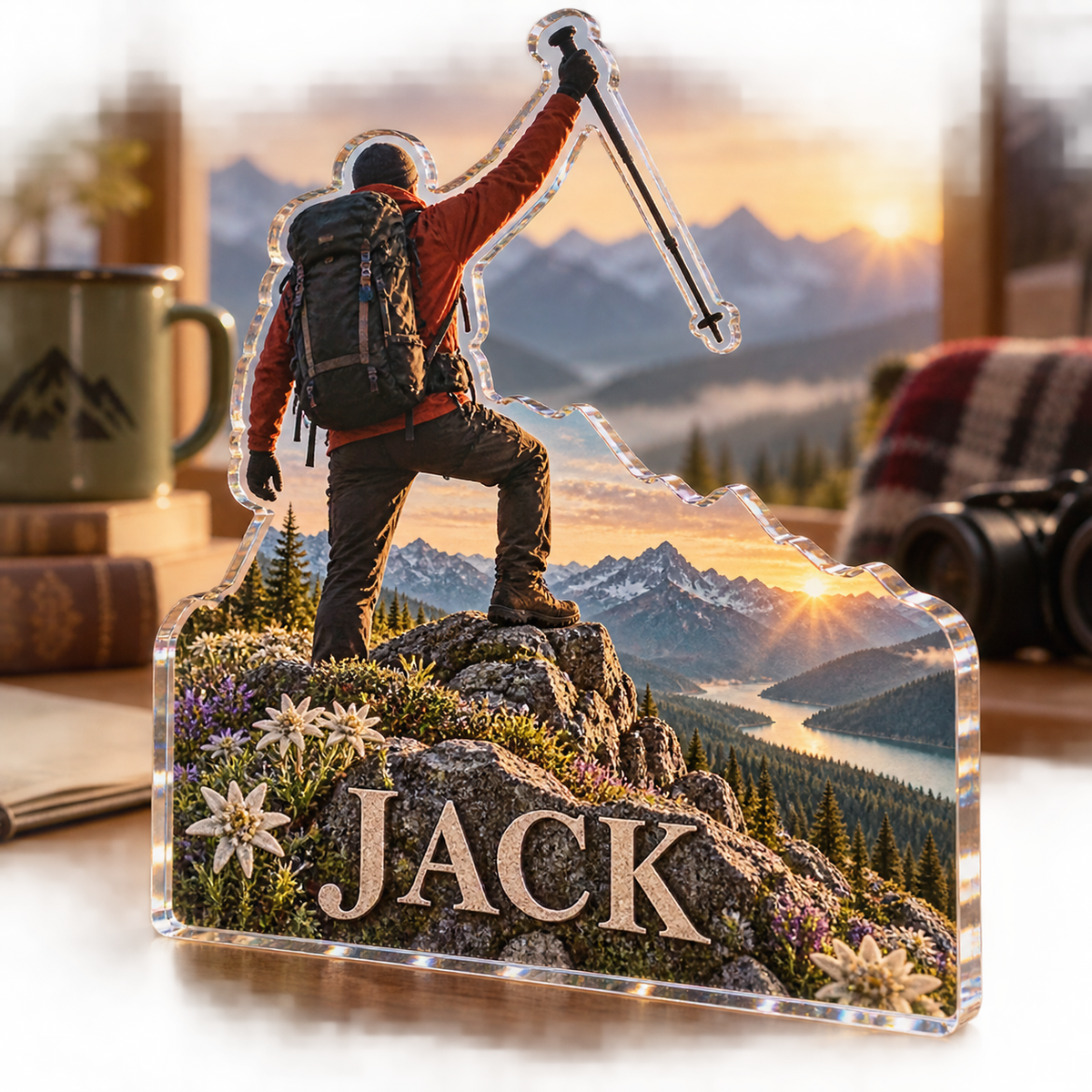 Artwork visualization: Hiking summit — coach appreciation, personalized JACK, subject-shaped acrylic with printed optical 3D depth; not carved relief.