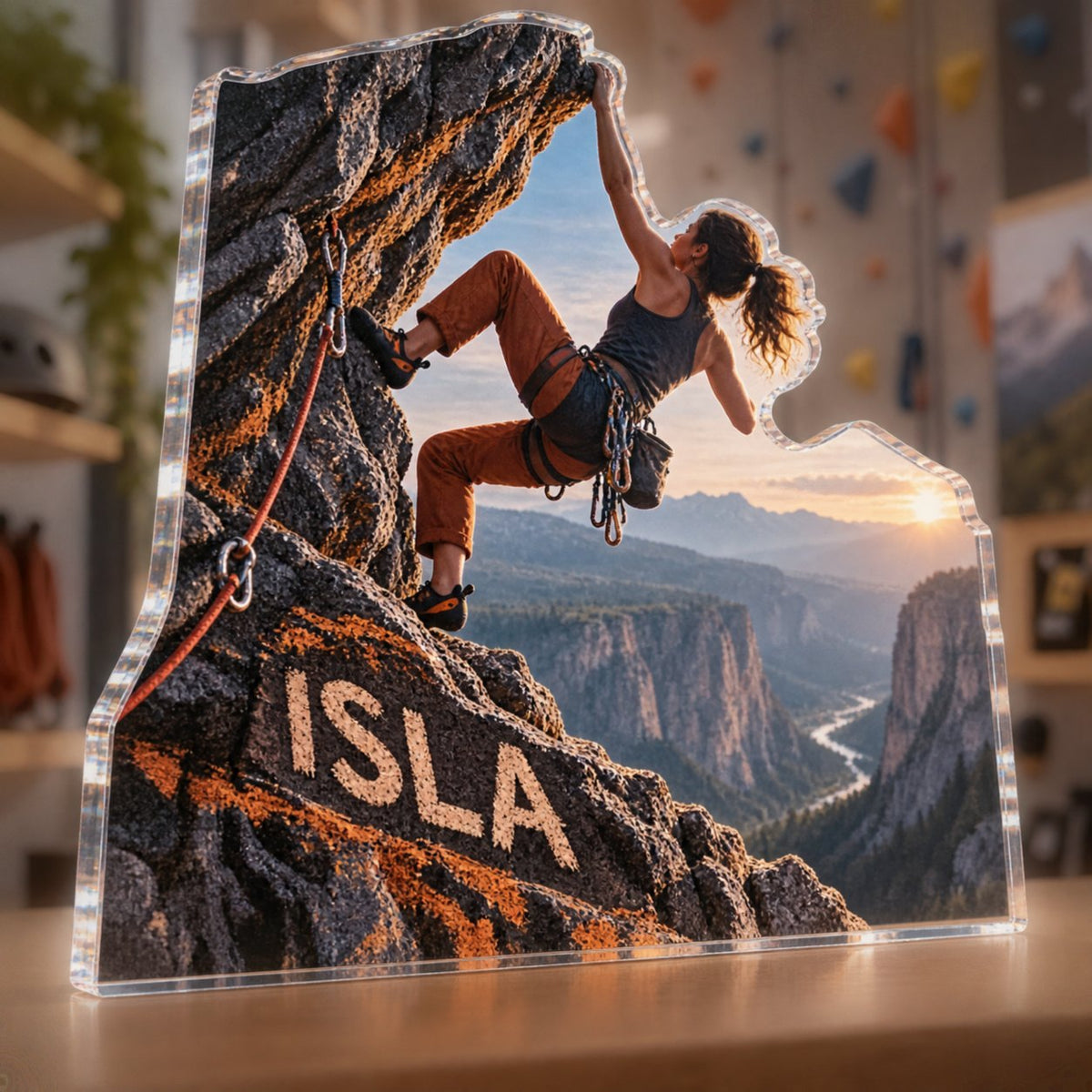 Personalized Rock Climbing Coach Appreciation custom shape acrylic plaque with an example name set into the artwork, digital preview