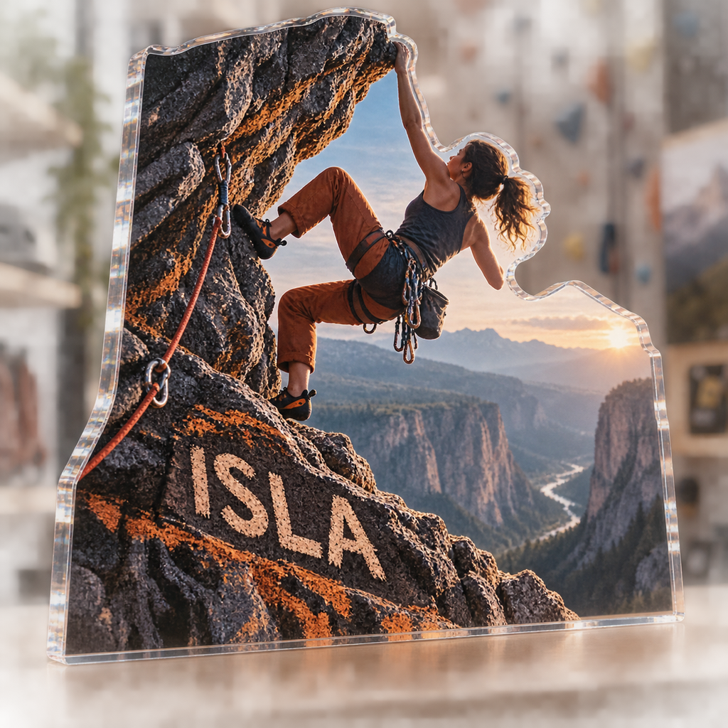 Artwork visualization: Rock climbing — coach appreciation, personalized ISLA, subject-shaped acrylic with printed optical 3D depth; not carved relief.