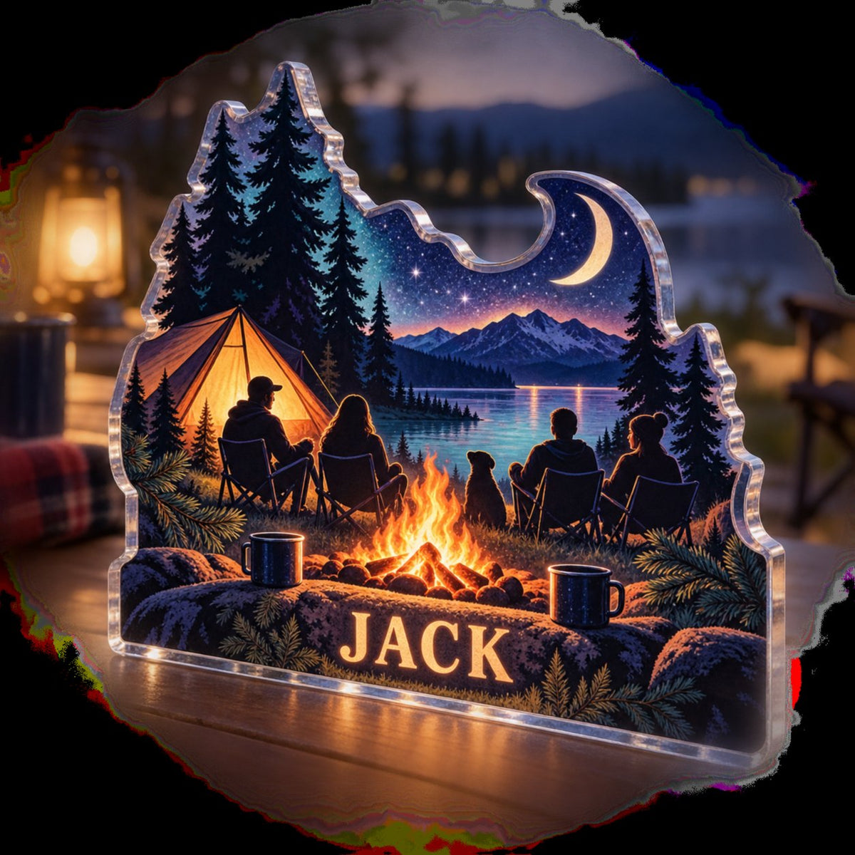 Personalized Camping Under Stars Club Social Gathering custom shape acrylic plaque with an example name set into the artwork, digital preview