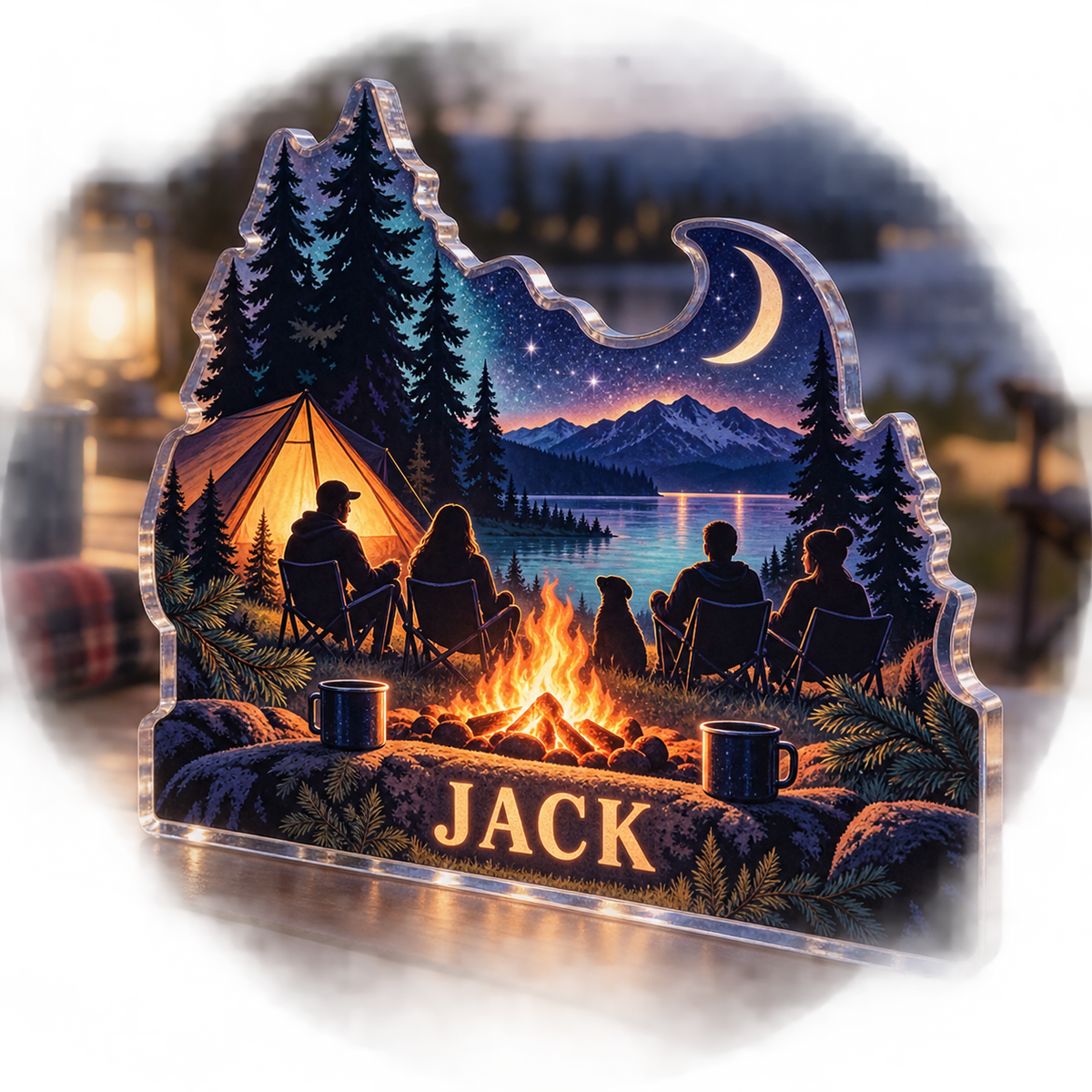 Artwork visualization: Camping under stars — club social gathering, personalized JACK, subject-shaped acrylic with printed optical 3D depth; not carved relief.