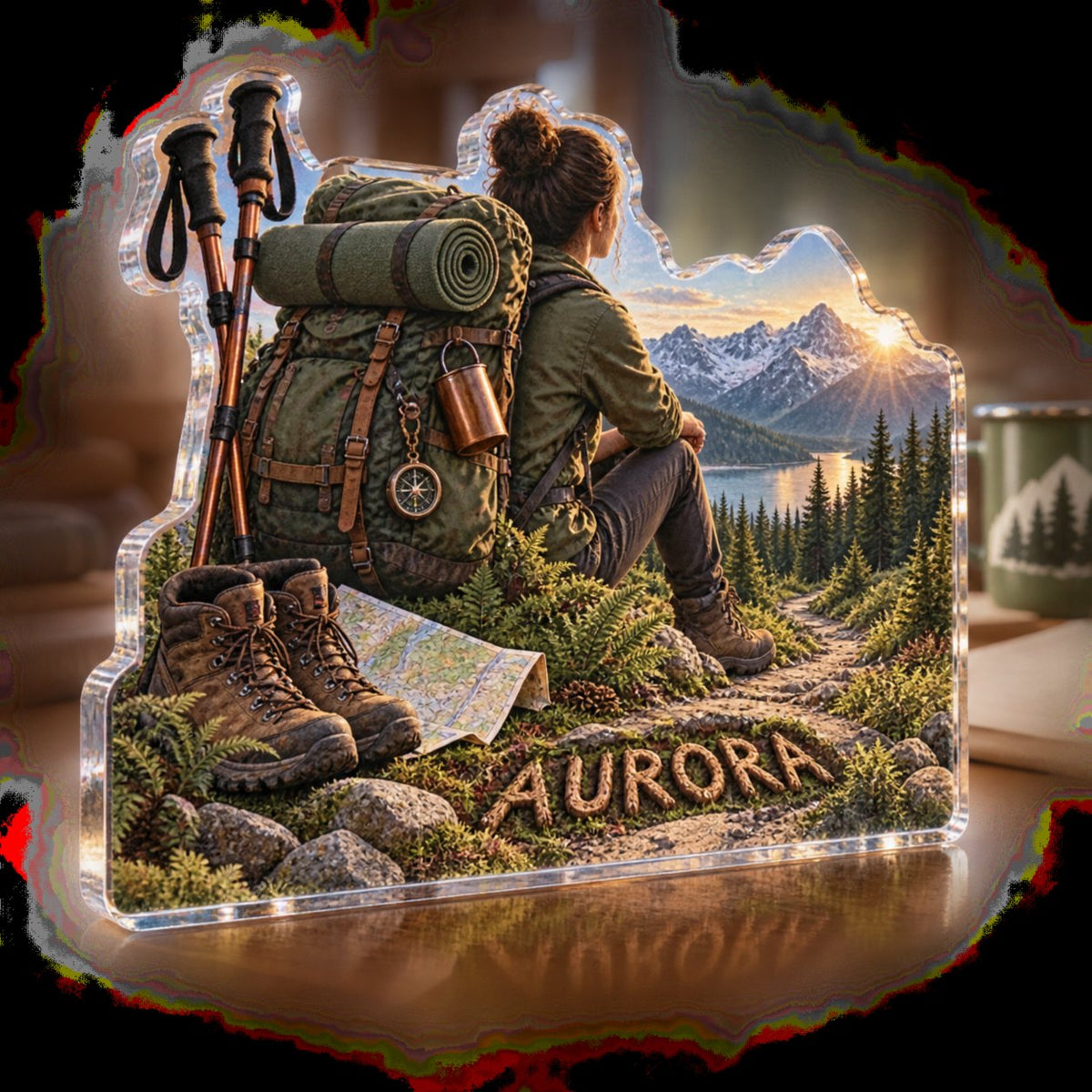 Personalized Backpacking Adventure Coach Appreciation custom shape acrylic plaque with an example name set into the artwork, digital preview