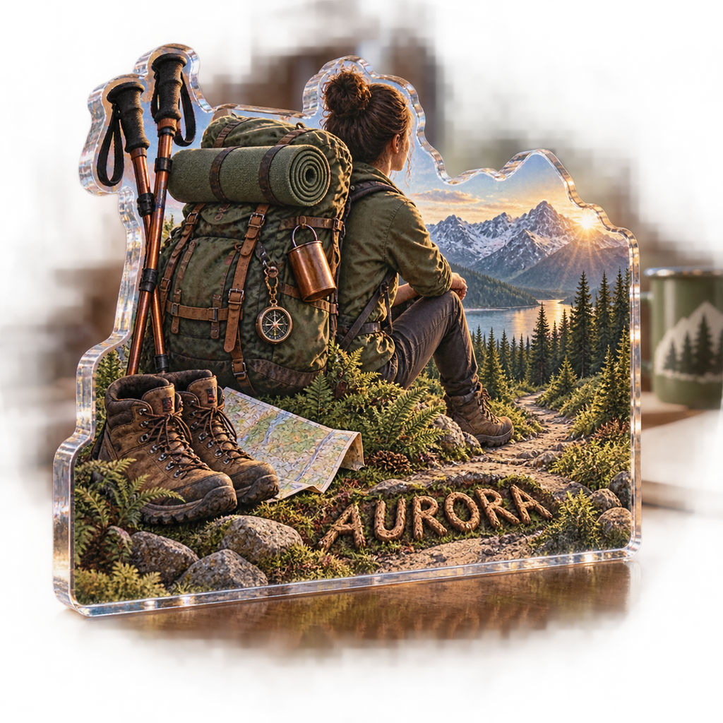 Artwork visualization: Backpacking adventure — coach appreciation, personalized AURORA, subject-shaped acrylic with printed optical 3D depth; not carved relief.
