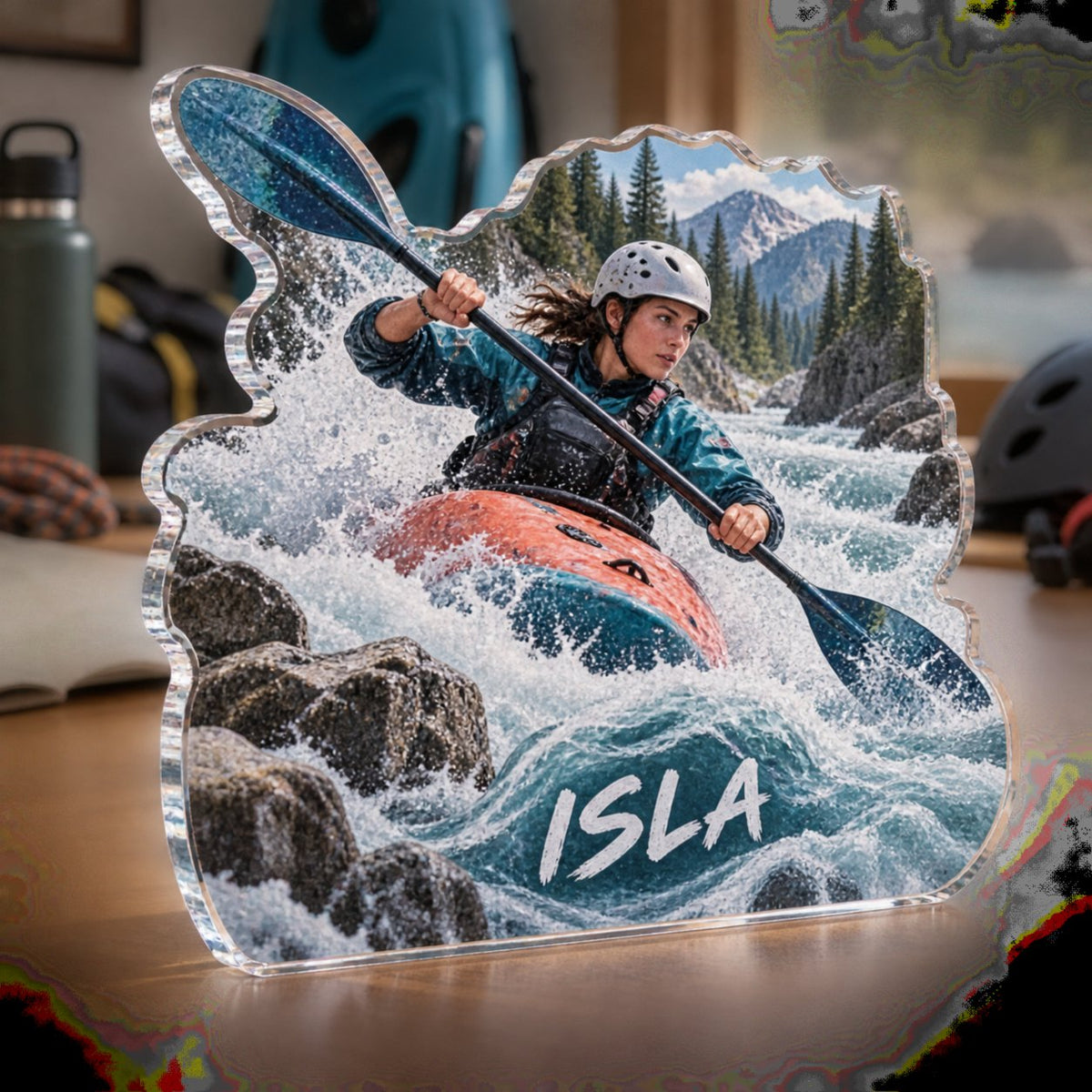 Personalized Kayaking River Coach Appreciation custom shape acrylic plaque with an example name set into the artwork, digital preview