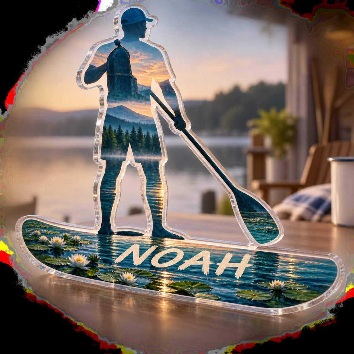 Personalized Paddleboarding Lake Coach Appreciation custom shape acrylic plaque with an example name set into the artwork, digital preview