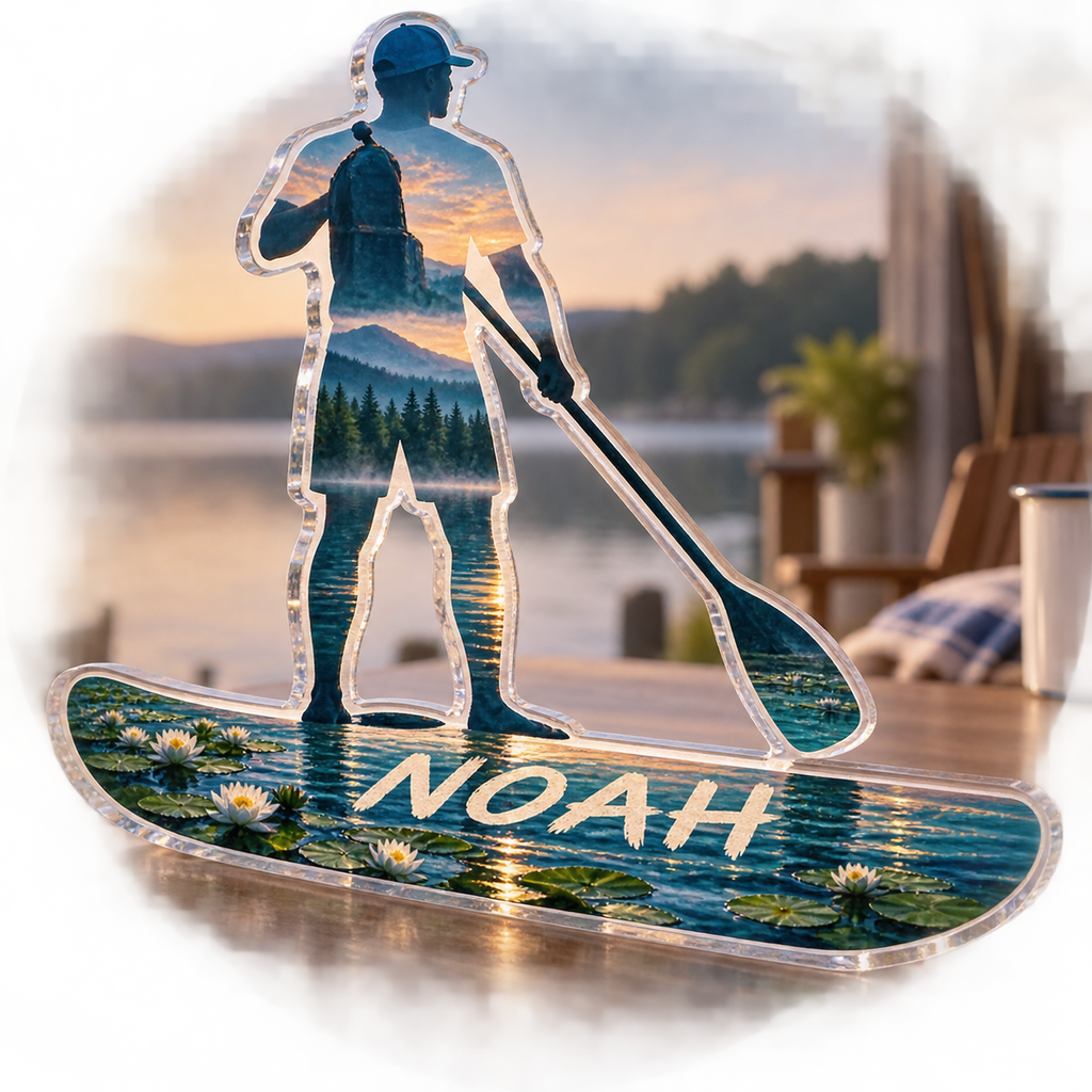 Artwork visualization: Paddleboarding lake — coach appreciation, personalized NOAH, subject-shaped acrylic with printed optical 3D depth; not carved relief.