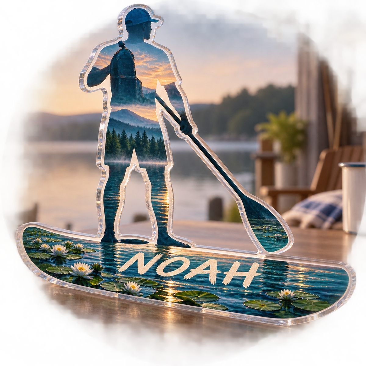 Artwork visualization: Paddleboarding lake — coach appreciation, personalized NOAH, subject-shaped acrylic with printed optical 3D depth; not carved relief.