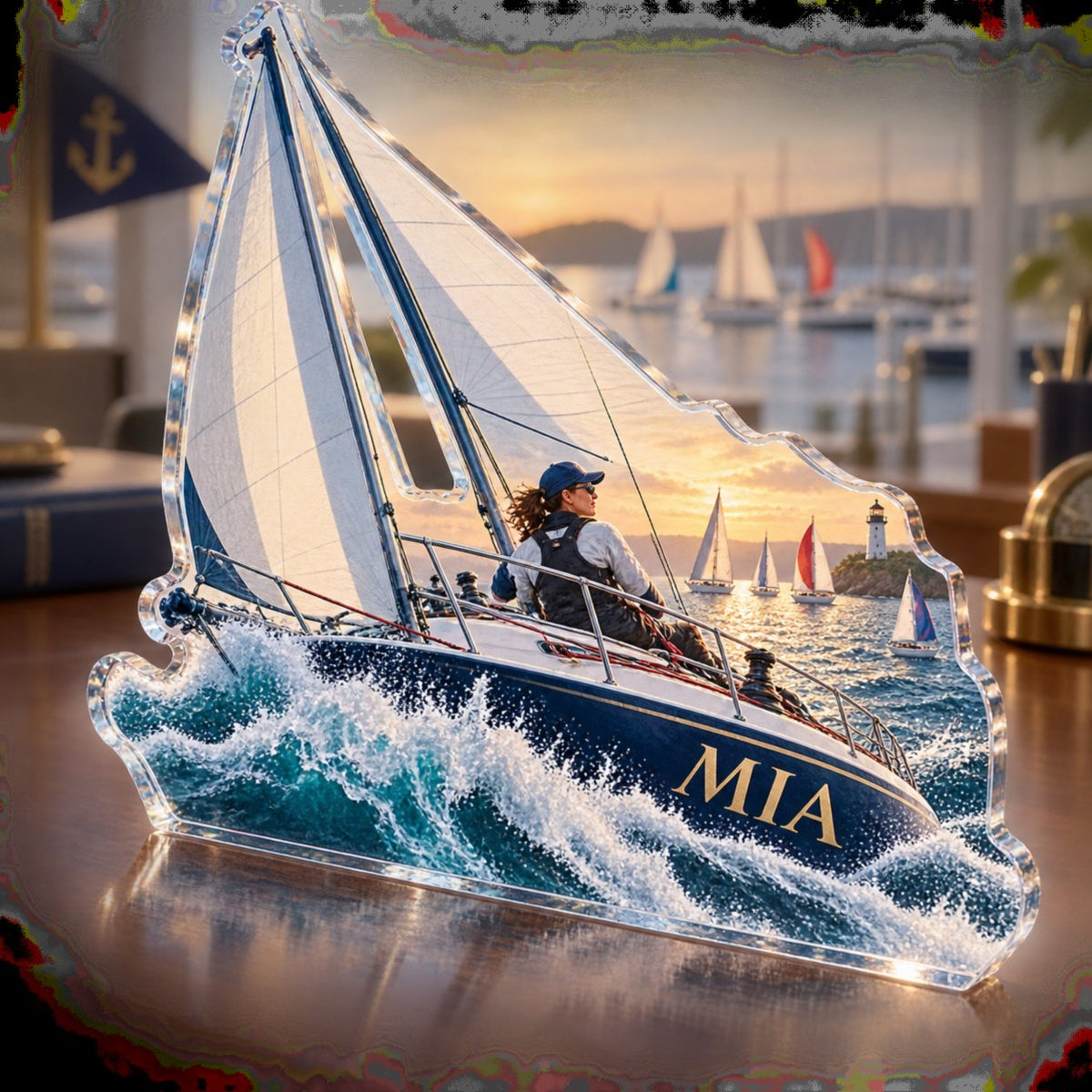 Personalized Sailing Weekend Coach Appreciation custom shape acrylic plaque with an example name set into the artwork, digital preview