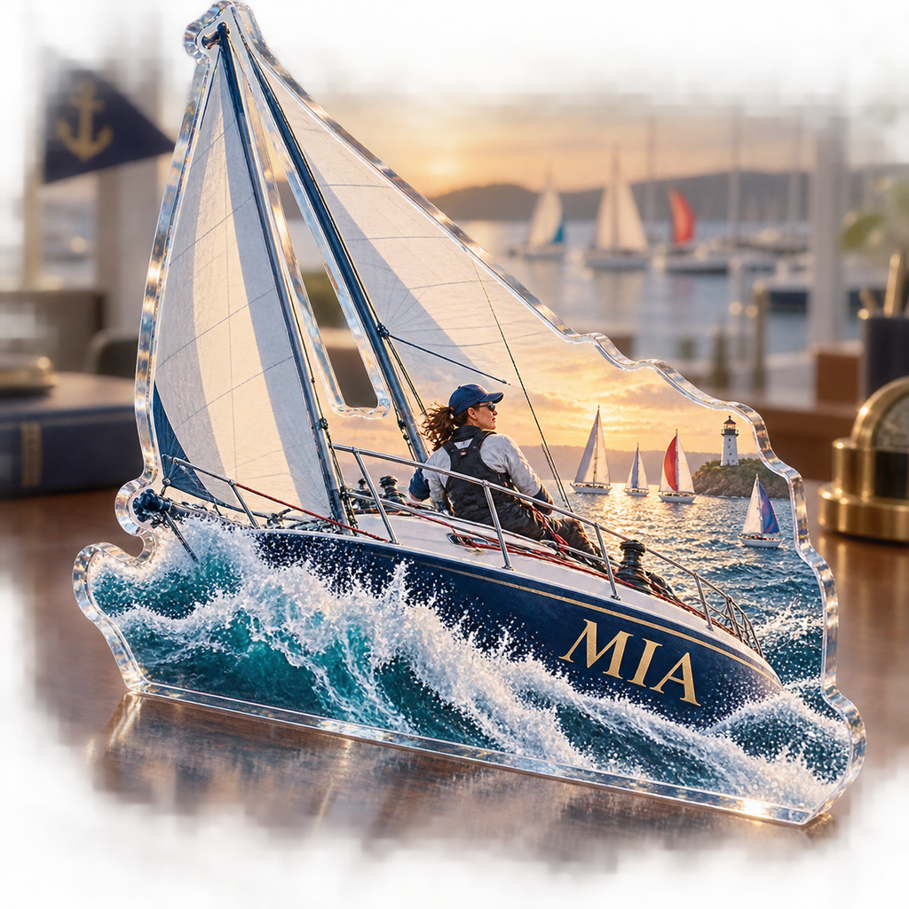Artwork visualization: Sailing weekend — coach appreciation, personalized MIA, subject-shaped acrylic with printed optical 3D depth; not carved relief.