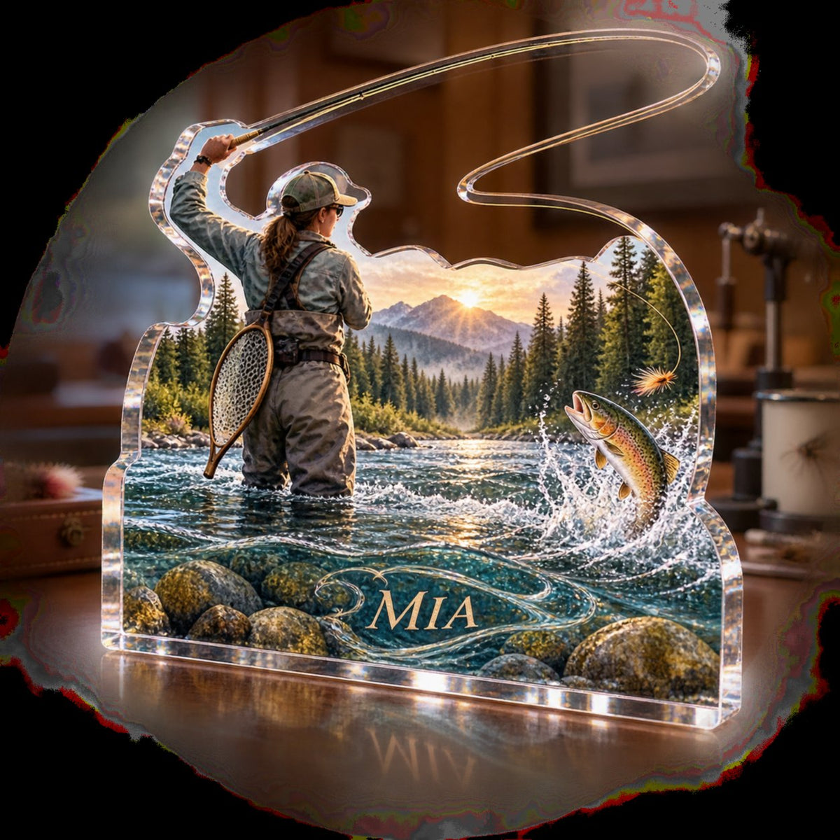 Personalized Fly Fishing Coach Appreciation custom shape acrylic plaque with an example name set into the artwork, digital preview