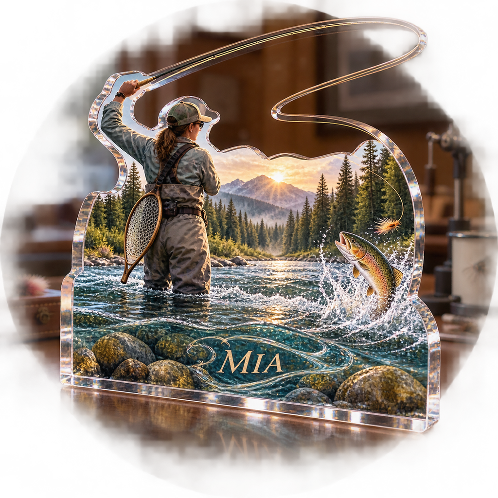 Artwork visualization: Fly fishing — coach appreciation, personalized MIA, subject-shaped acrylic with printed optical 3D depth; not carved relief.