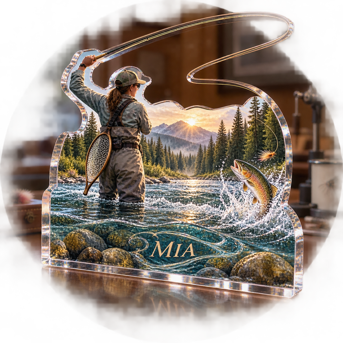 Artwork visualization: Fly fishing — coach appreciation, personalized MIA, subject-shaped acrylic with printed optical 3D depth; not carved relief.