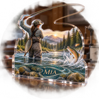 Artwork visualization: Fly fishing — coach appreciation, personalized MIA, subject-shaped acrylic with printed optical 3D depth; not carved relief.