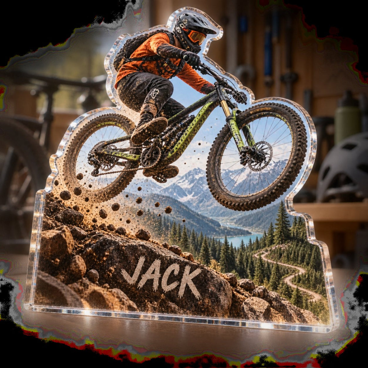 Personalized Mountain Biking Coach Appreciation custom shape acrylic plaque with an example name set into the artwork, digital preview