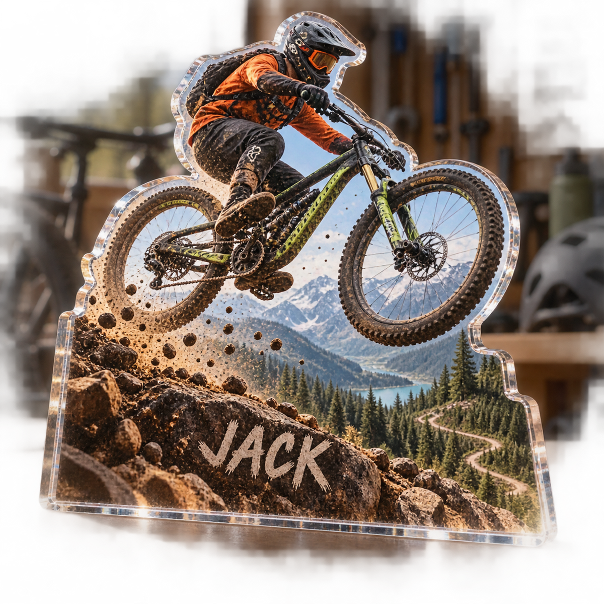 Artwork visualization: Mountain biking — coach appreciation, personalized JACK, subject-shaped acrylic with printed optical 3D depth; not carved relief.