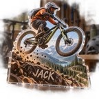 Artwork visualization: Mountain biking — coach appreciation, personalized JACK, subject-shaped acrylic with printed optical 3D depth; not carved relief.