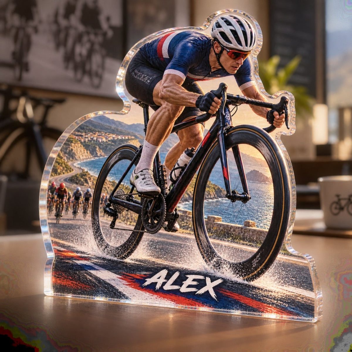 Personalized Road Cycling Coach Appreciation custom shape acrylic plaque with an example name set into the artwork, digital preview