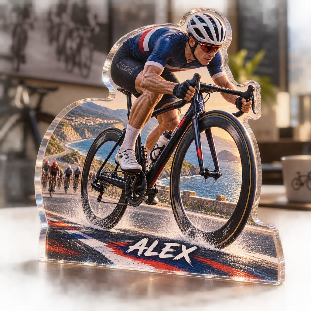 Artwork visualization: Road cycling — coach appreciation, personalized ALEX, subject-shaped acrylic with printed optical 3D depth; not carved relief.