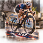 Artwork visualization: Road cycling — coach appreciation, personalized ALEX, subject-shaped acrylic with printed optical 3D depth; not carved relief.