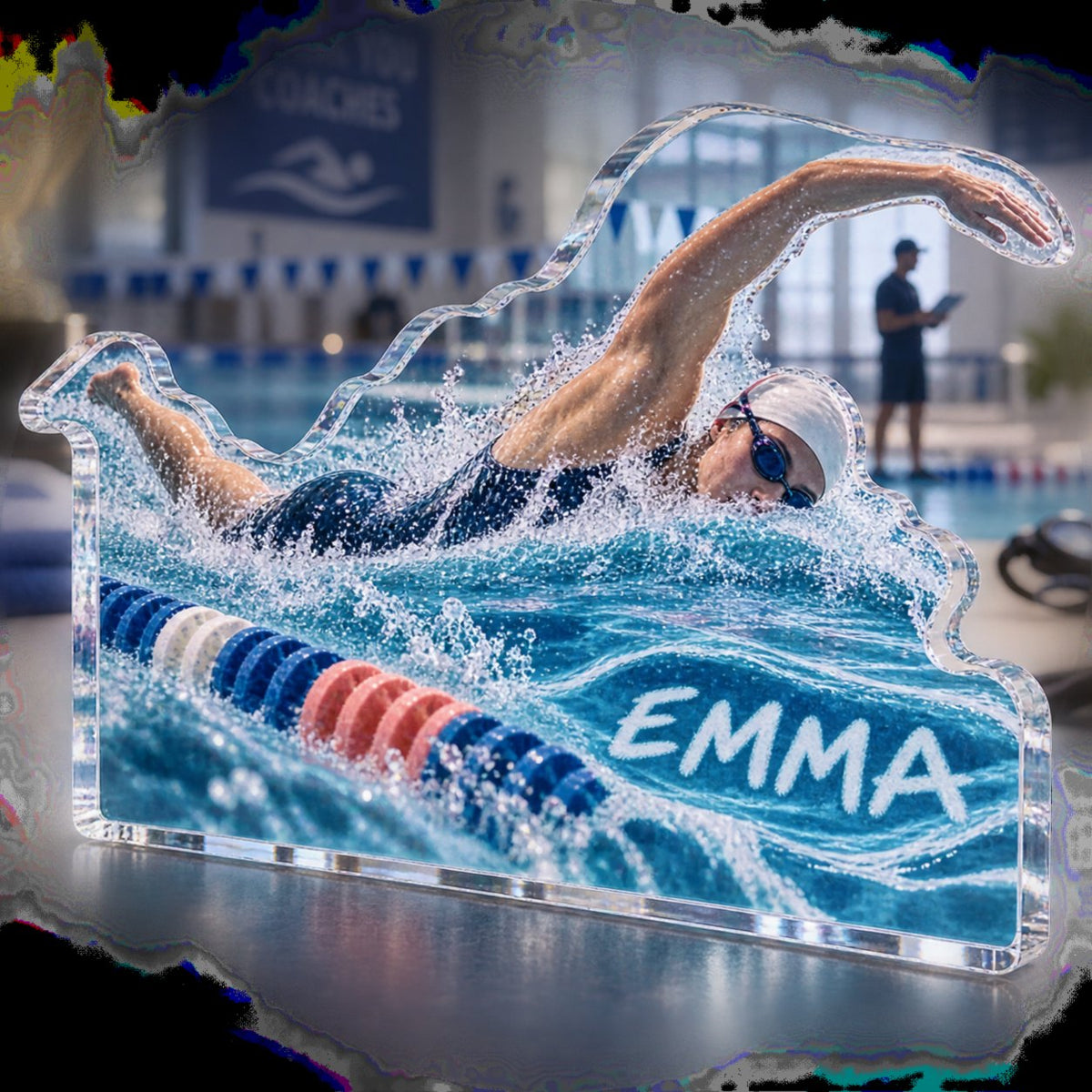 Personalized Swimming Laps Coach Appreciation custom shape acrylic plaque with an example name set into the artwork, digital preview