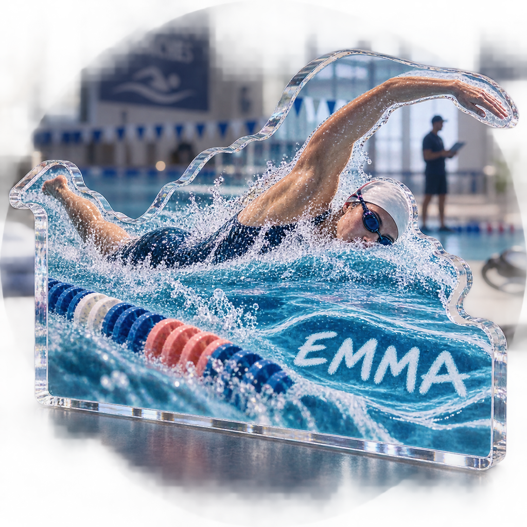 Artwork visualization: Swimming laps — coach appreciation, personalized EMMA, subject-shaped acrylic with printed optical 3D depth; not carved relief.