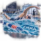 Artwork visualization: Swimming laps — coach appreciation, personalized EMMA, subject-shaped acrylic with printed optical 3D depth; not carved relief.