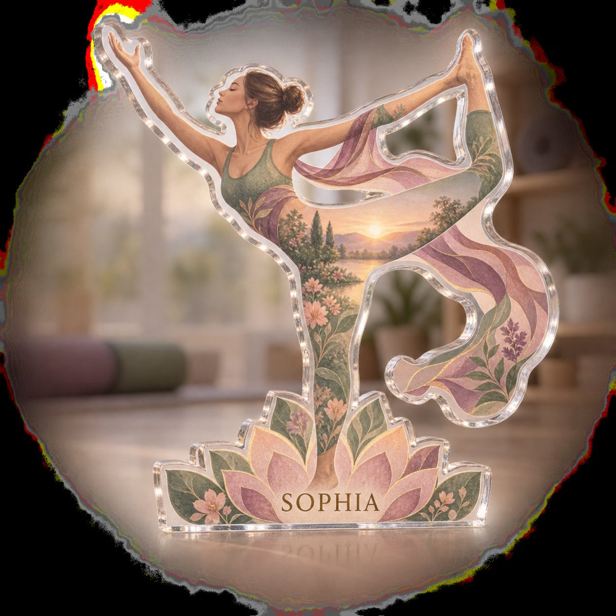 Personalized Yoga Practice Coach Appreciation custom shape acrylic plaque with an example name set into the artwork, digital preview