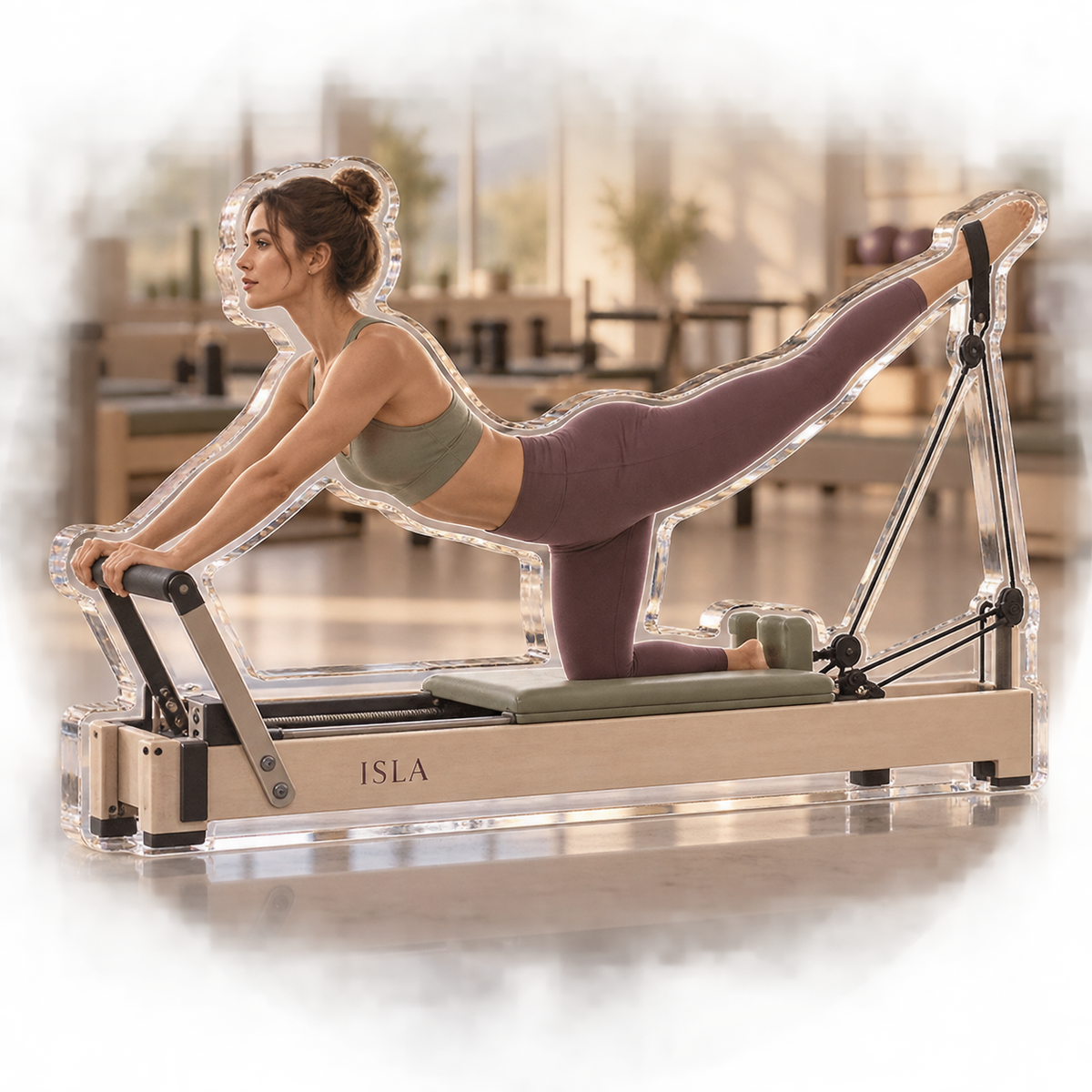 Artwork visualization: Pilates studio — coach appreciation, personalized ISLA, subject-shaped acrylic with printed optical 3D depth; not carved relief.