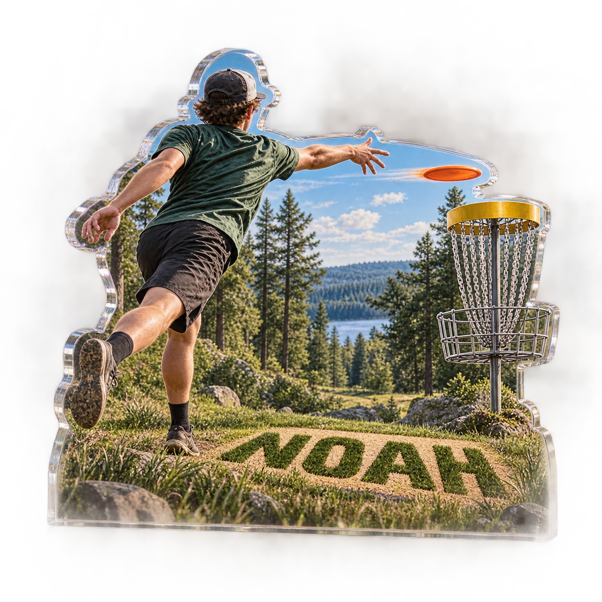 Artwork visualization: Disc golf — coach appreciation, personalized NOAH, subject-shaped acrylic with printed optical 3D depth; not carved relief.