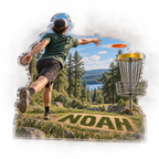 Artwork visualization: Disc golf — coach appreciation, personalized NOAH, subject-shaped acrylic with printed optical 3D depth; not carved relief.