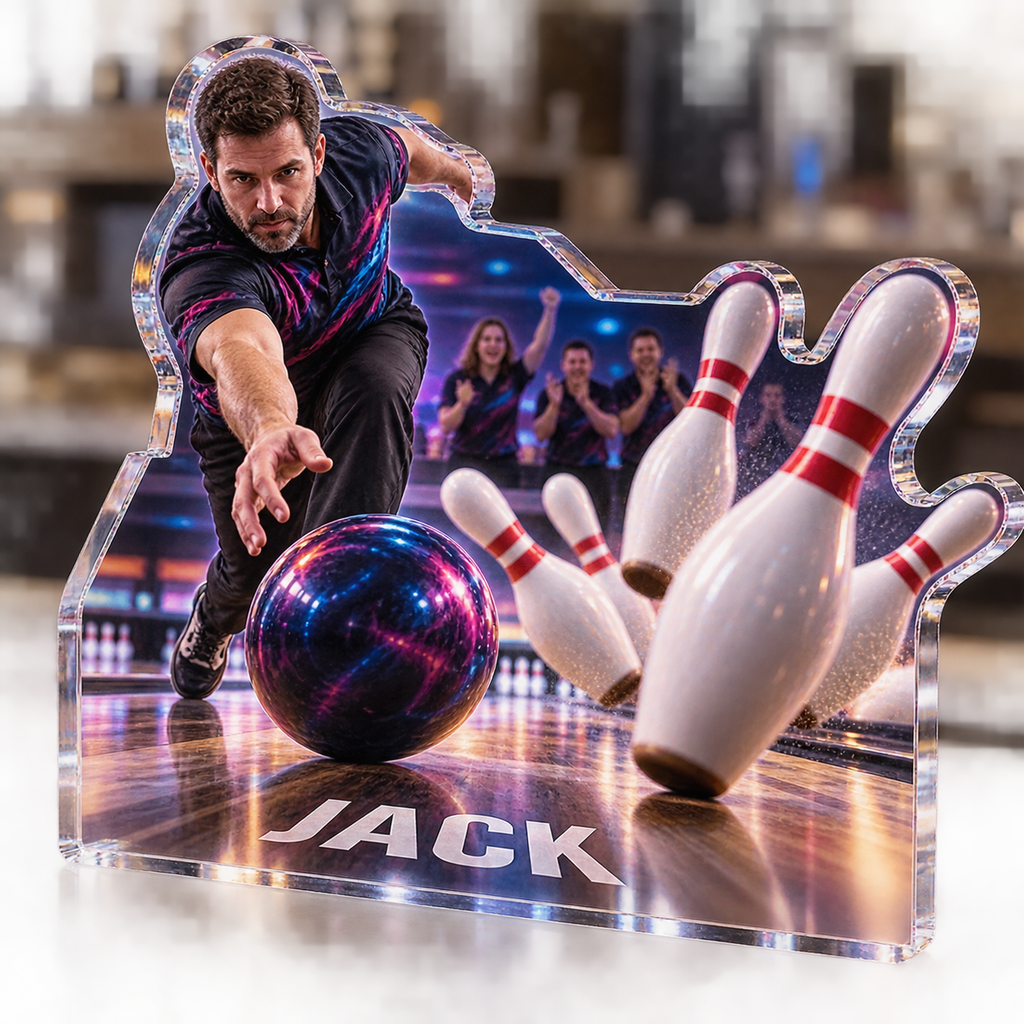 Artwork visualization: Bowling league — coach appreciation, personalized JACK, subject-shaped acrylic with printed optical 3D depth; not carved relief.