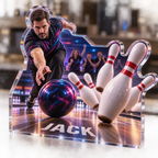 Artwork visualization: Bowling league — coach appreciation, personalized JACK, subject-shaped acrylic with printed optical 3D depth; not carved relief.