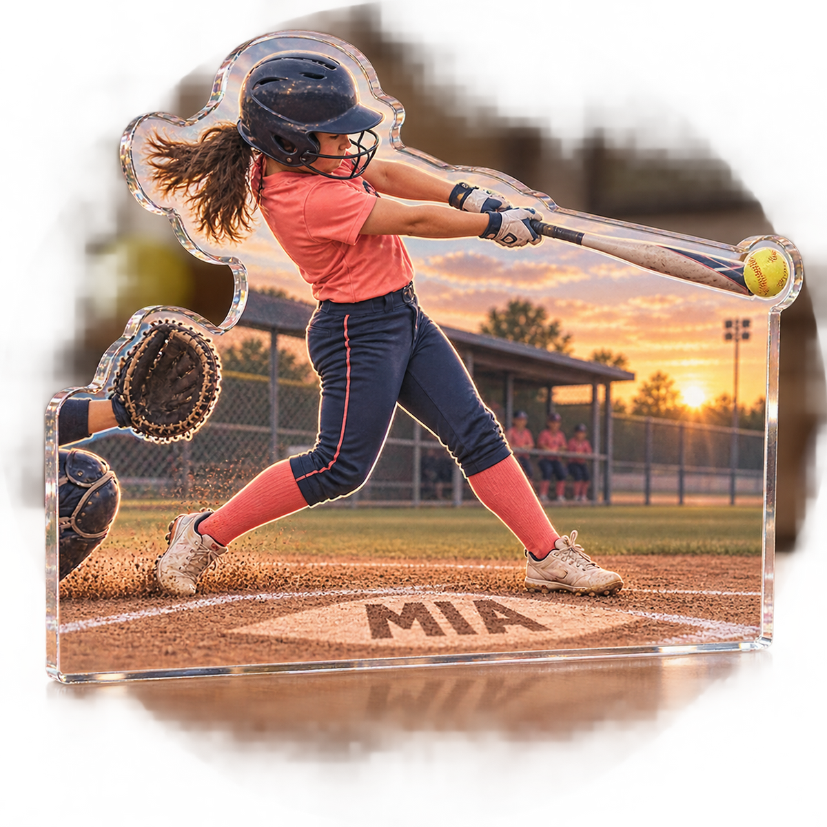Artwork visualization: Recreational softball — coach appreciation, personalized MIA, subject-shaped acrylic with printed optical 3D depth; not carved relief.