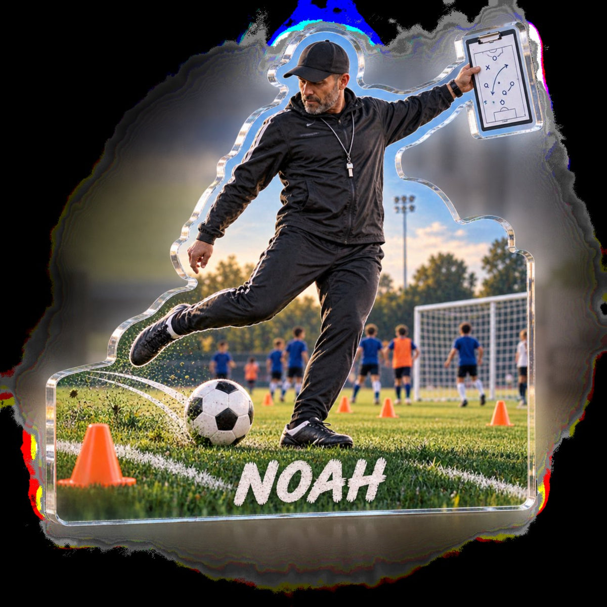 Personalized Soccer Coaching Coach Appreciation custom shape acrylic plaque with an example name set into the artwork, digital preview
